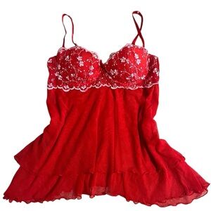 Vintage Victoria’s Secret Red and Pink Floral Embroidered mesh lace babydoll